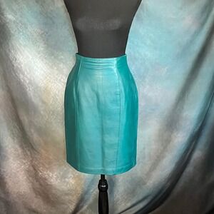Vintage 90s Evan Davies Turquoise Leather Pencil Skirt Women's Size 4 Career‎